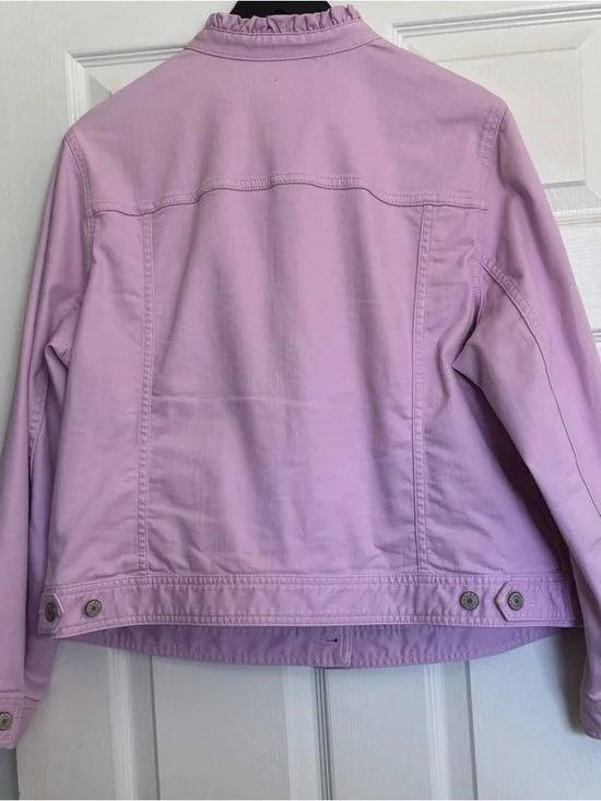 Talbots Pink Ruffle-Neck Denim Jacket - Picture 2 of 10